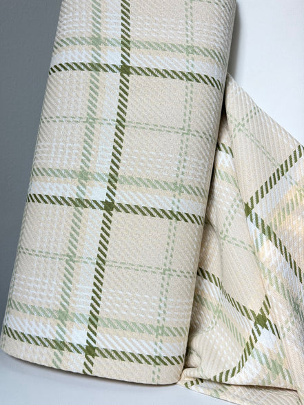 Olive Green, White, Ecru Cotton Woven Plaid- 44” Wide- Heavy for Blankets, Pillows, Wraps- “Straw"