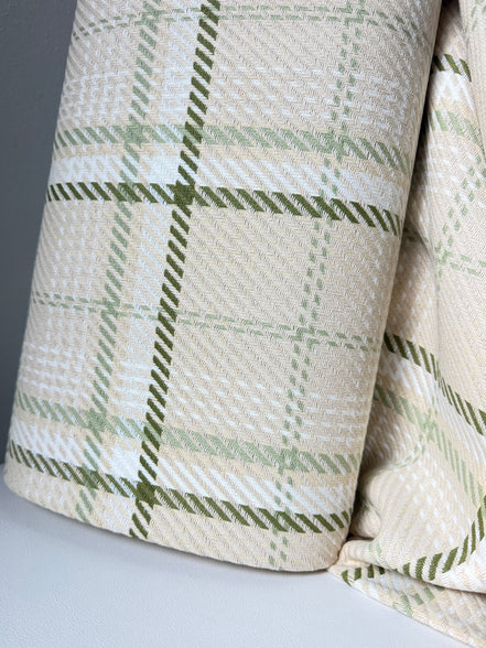 Olive Green, White, Ecru Cotton Woven Plaid- 44” Wide- Heavy for Blankets, Pillows, Wraps- “Straw"