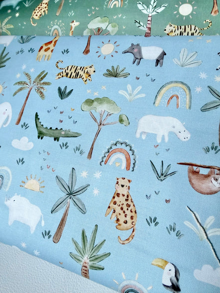 The Wild Ones- Jungle Animals, Rainbows, Sloths- Blue "Sky"- 44" Cotton