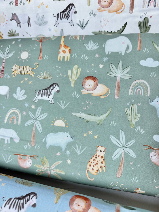 The Wild Ones- Jungle Animals, Rainbows, Sloths- Green "Balsam"- 44" Cotton