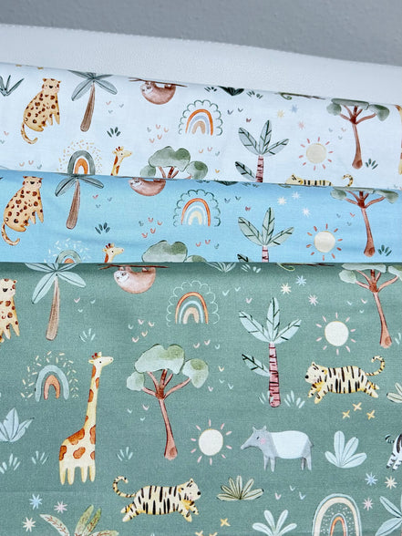The Wild Ones- Jungle Animals, Rainbows, Sloths- Green "Balsam"- 44" Cotton