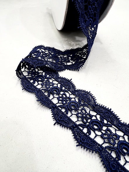Flowers in the Center- Navy Blue Guipure Entre Deux- Lace Trim 4221
