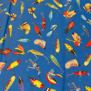 Fishing Lure- Red, Yellow, Green, Purple on Blue- “Lake House Lagoon” 44” Wide- Cotton Fabric