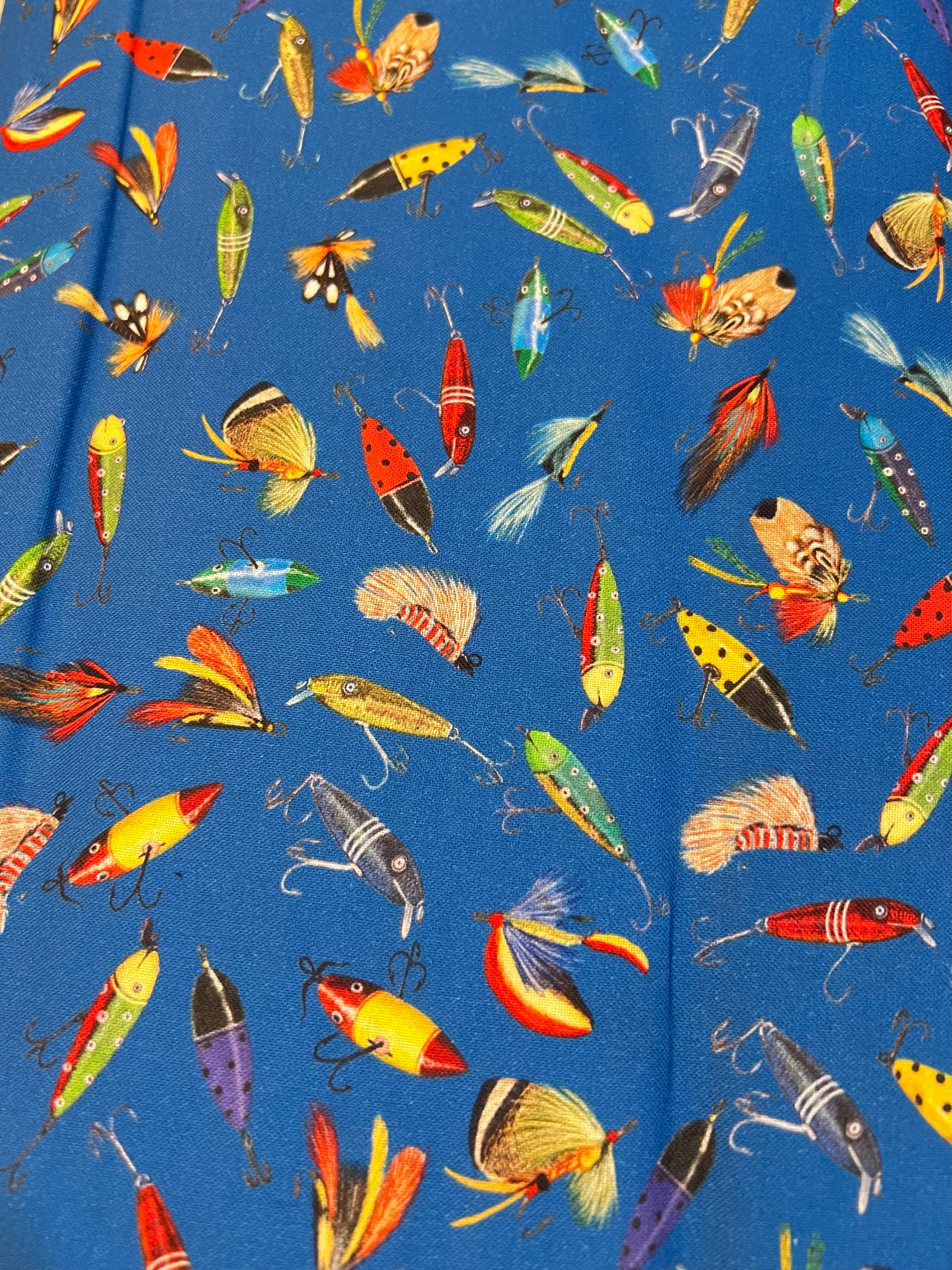 Fishing Lure- Red, Yellow, Green, Purple on Blue- “Lake House Lagoon” 44” Wide- Cotton Fabric