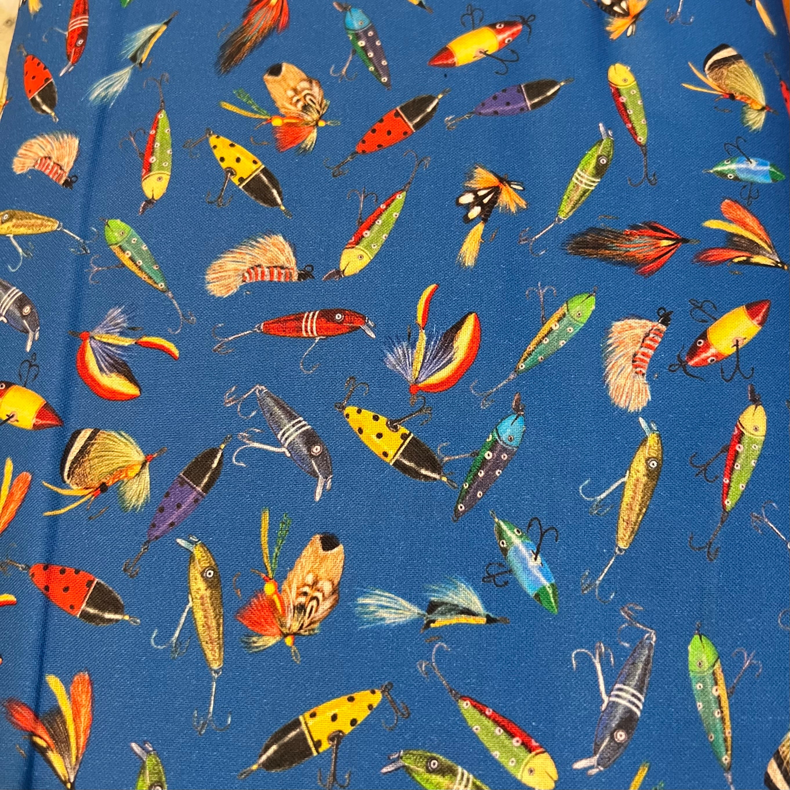 Fishing Lure- Red, Yellow, Green, Purple on Blue- “Lake House Lagoon” 44” Wide- Cotton Fabric