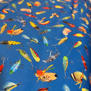 Fishing Lure- Red, Yellow, Green, Purple on Blue- “Lake House Lagoon” 44” Wide- Cotton Fabric