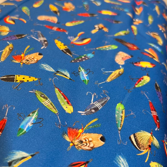Fishing Lure- Red, Yellow, Green, Purple on Blue- “Lake House Lagoon” 44” Wide- Cotton Fabric