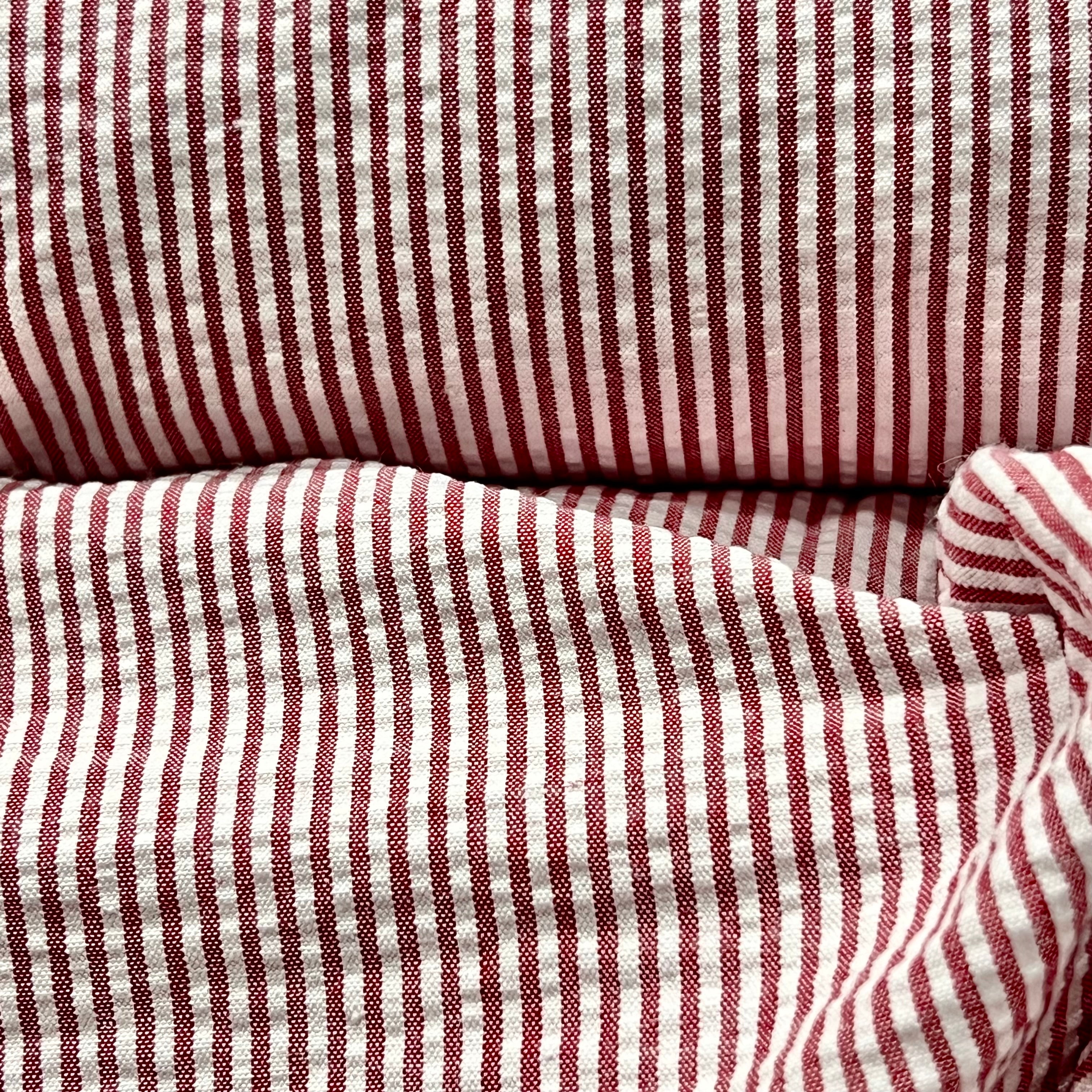 Crimson and White Seersucker Stripe- 57” Wide- Cotton Poly Blend