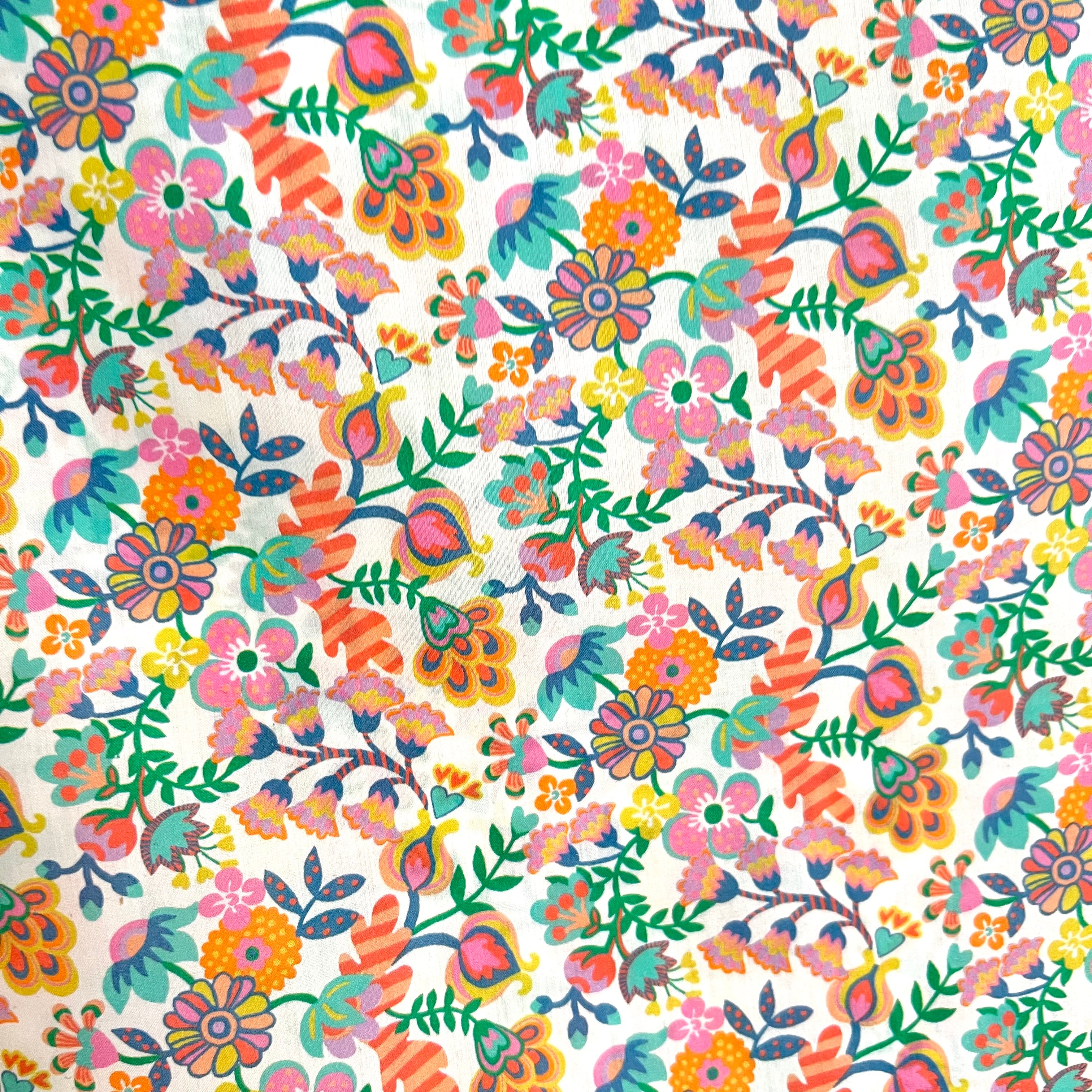 Liberty London- Phoebe Amelia Tana Lawn Cotton- Orange, Green, Pink, Teal, Yellow on White