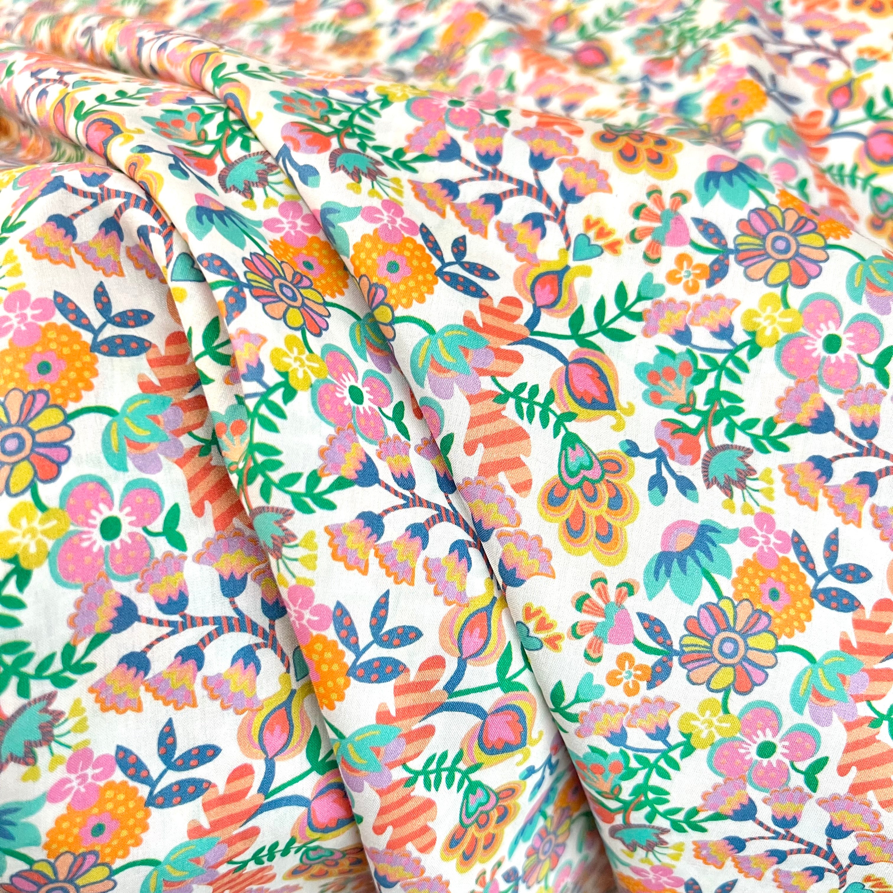 Liberty London- Phoebe Amelia Tana Lawn Cotton- Orange, Green, Pink, Teal, Yellow on White