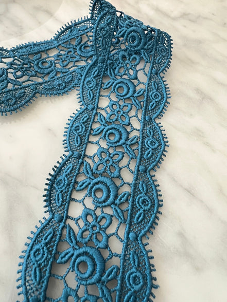 Flowers in the Center- Teal Blue Guipure Entre Deux- 2" Lace Trim (4221)