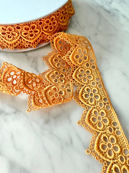 Dark Yellow (Like Saffron) Floral Guipure- Lace Trim 4217- 1.65"