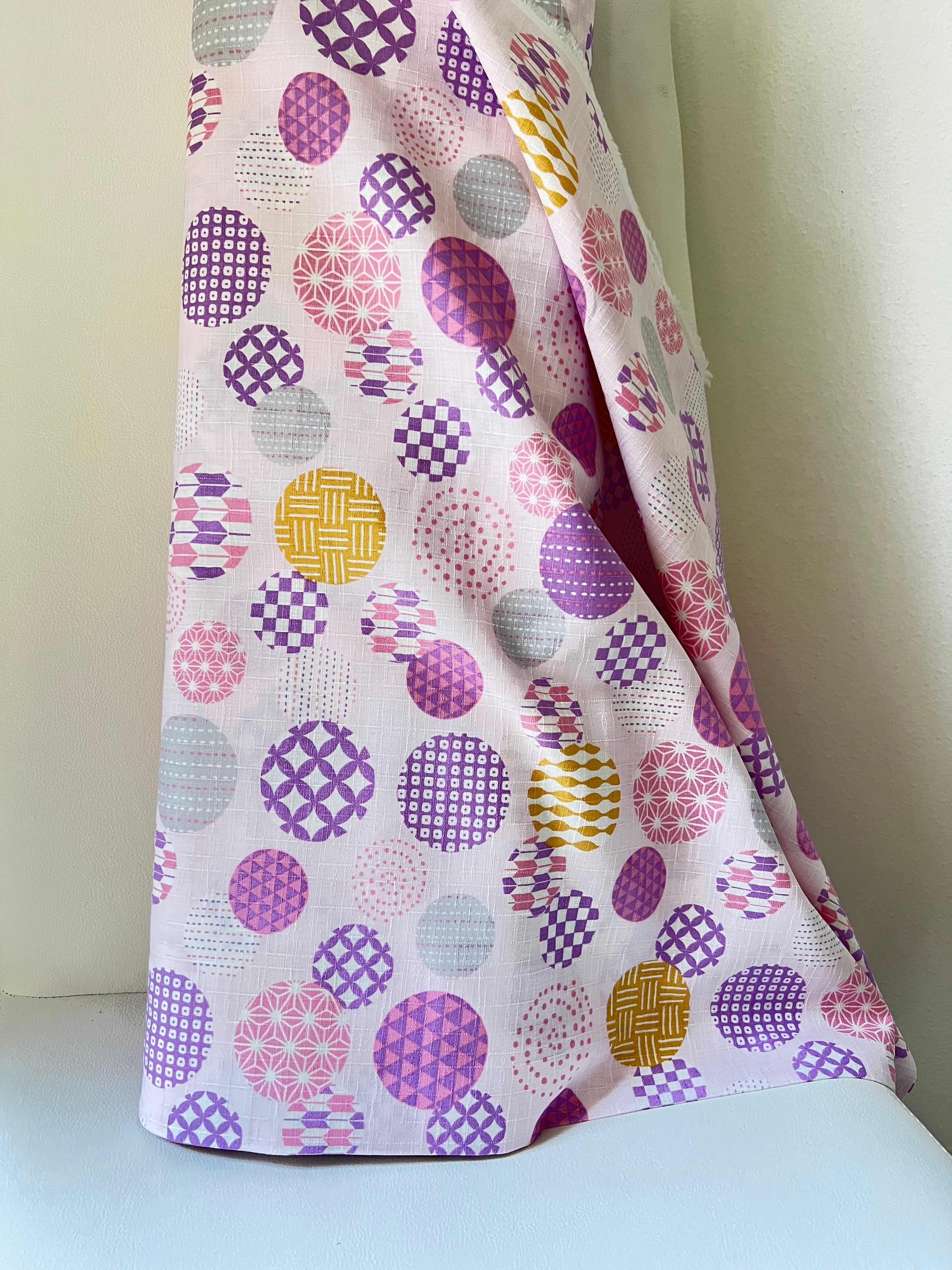 Purple, Yellow, White on Pink- “Light Japanese Style”- Cosmo- 51108-1C- 44” Cotton Dobby