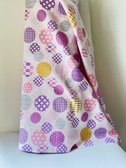 Purple, Yellow, White on Pink- “Light Japanese Style”- Cosmo- 51108-1C- 44” Cotton Dobby