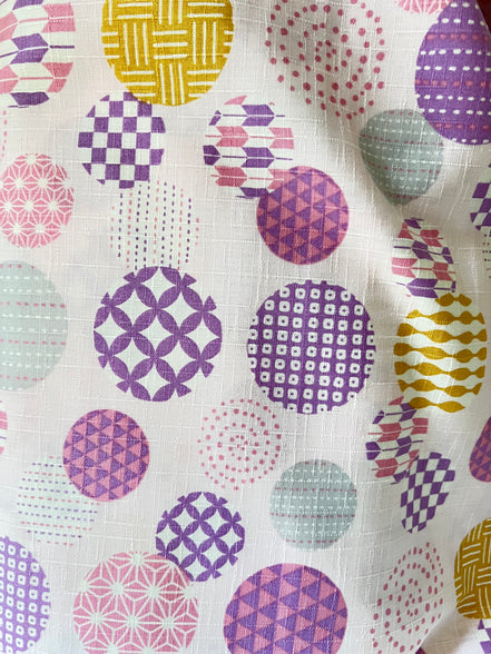 Purple, Yellow, White on Pink- “Light Japanese Style”- Cosmo- 51108-1C- 44” Cotton Dobby