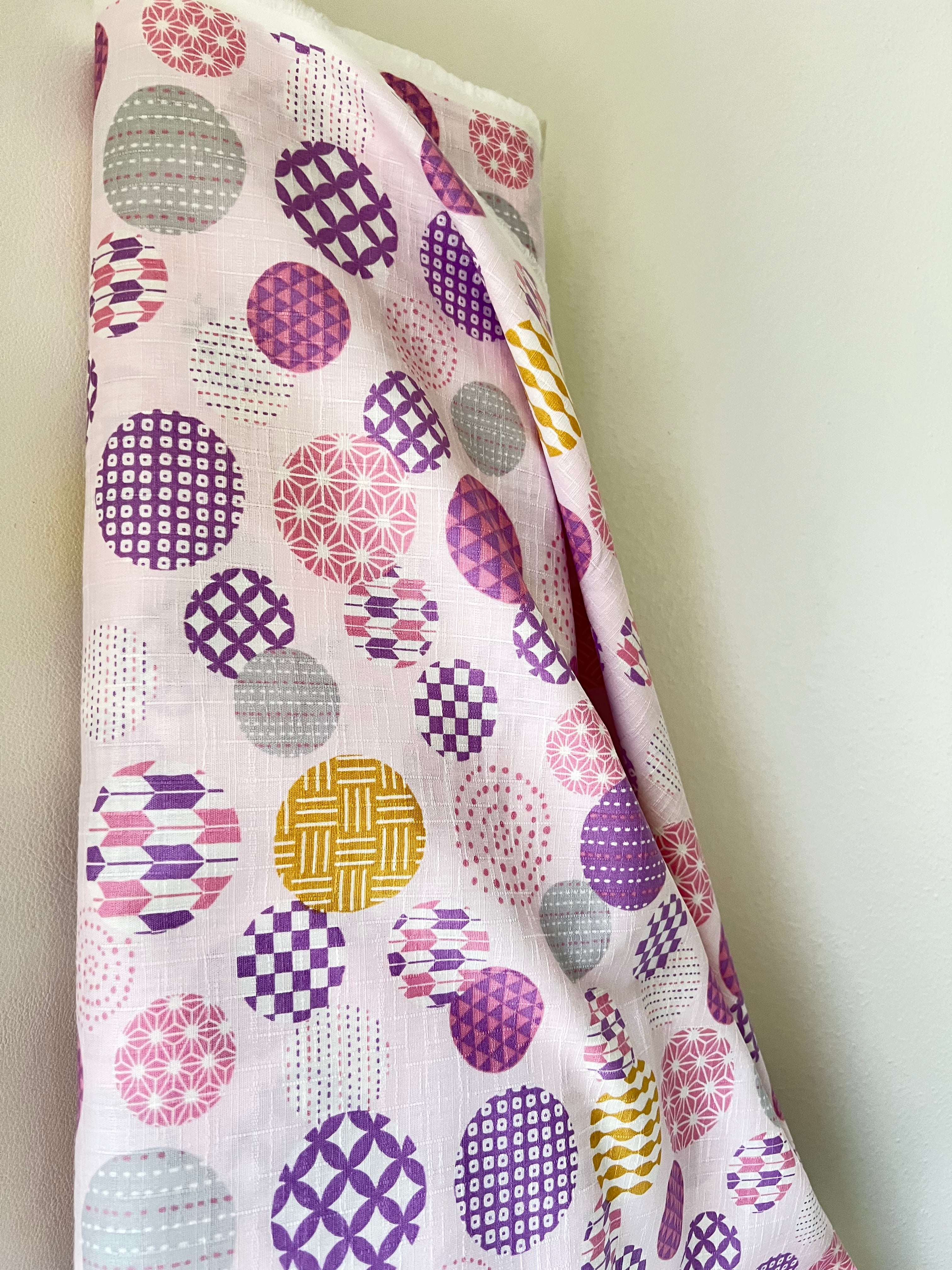 Purple, Yellow, White on Pink- “Light Japanese Style”- Cosmo- 51108-1C- 44” Cotton Dobby