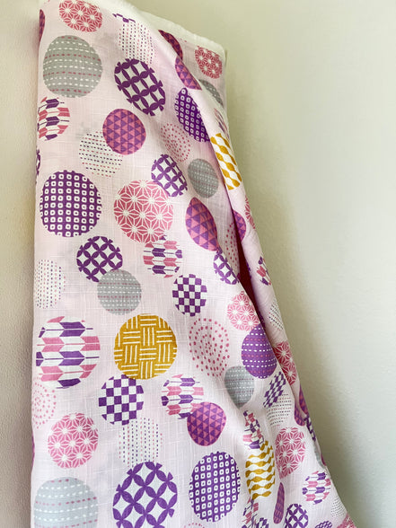 Purple, Yellow, White on Pink- “Light Japanese Style”- Cosmo- 51108-1C- 44” Cotton Dobby