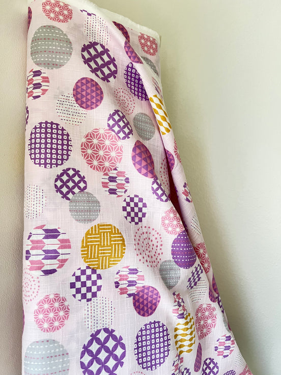 Purple, Yellow, White on Pink- “Light Japanese Style”- Cosmo- 51108-1C- 44” Cotton Dobby