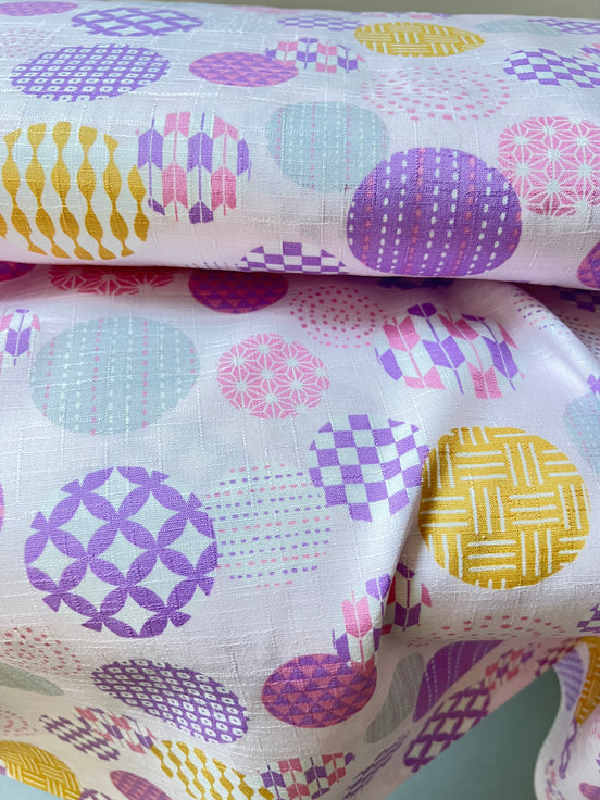 Purple, Yellow, White on Pink- “Light Japanese Style”- Cosmo- 51108-1C- 44” Cotton Dobby