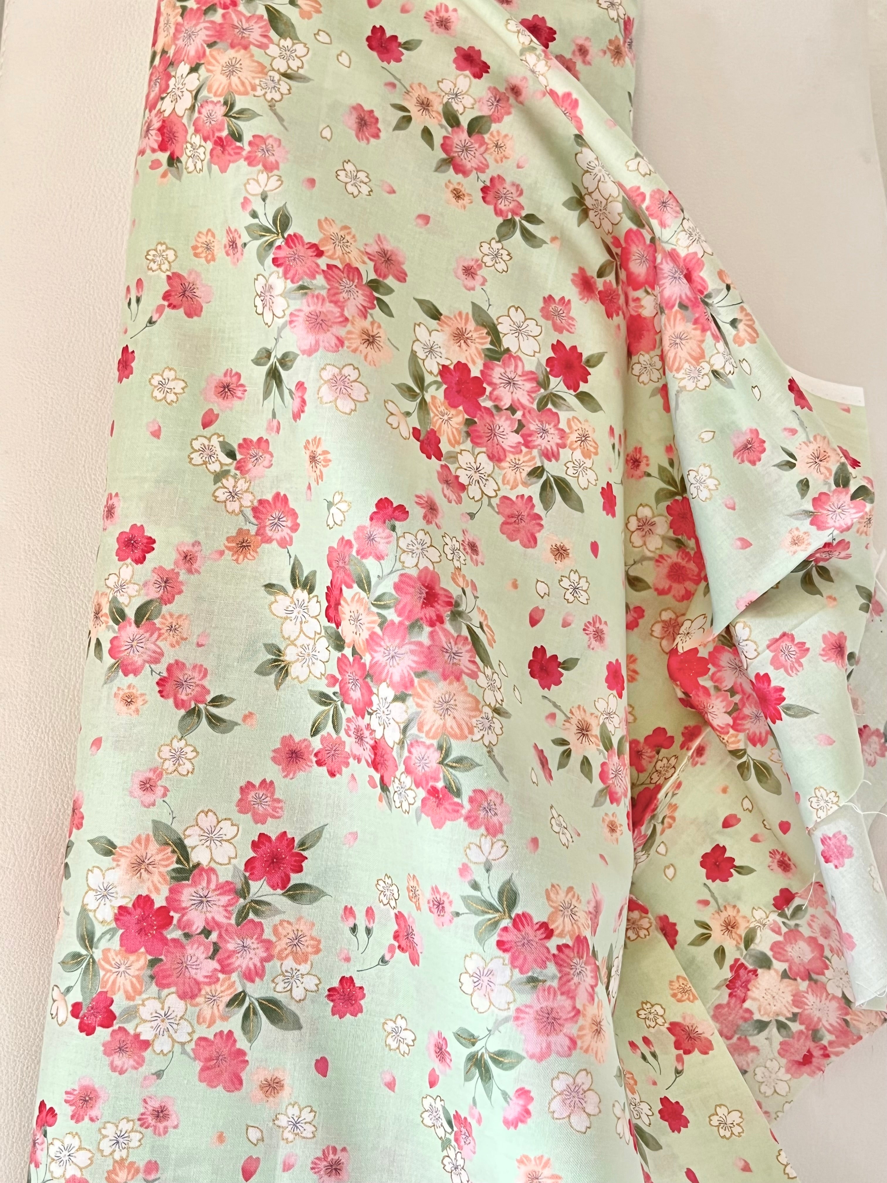 Kokka Japanese Sakura- 100% Cotton- 43” Wide- Subtle Metallic- Hot Pink, Mint
