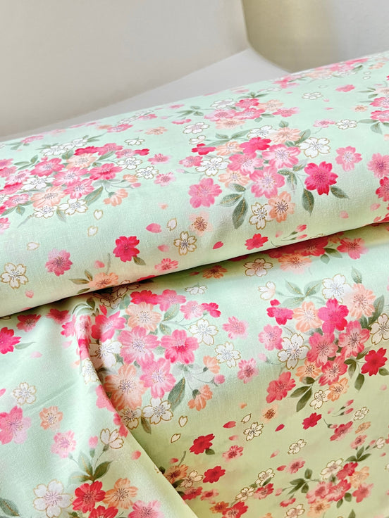 Kokka Japanese Sakura- 100% Cotton- 43” Wide- Subtle Metallic- Hot Pink, Mint