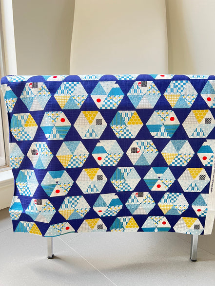 Blue, Yellow, White, Red on Navy- “Light Japanese Style”- Cosmo- 51108-2E- 44” Cotton Dobby