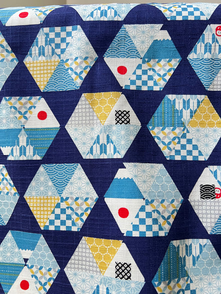 Blue, Yellow, White, Red on Navy- “Light Japanese Style”- Cosmo- 51108-2E- 44” Cotton Dobby