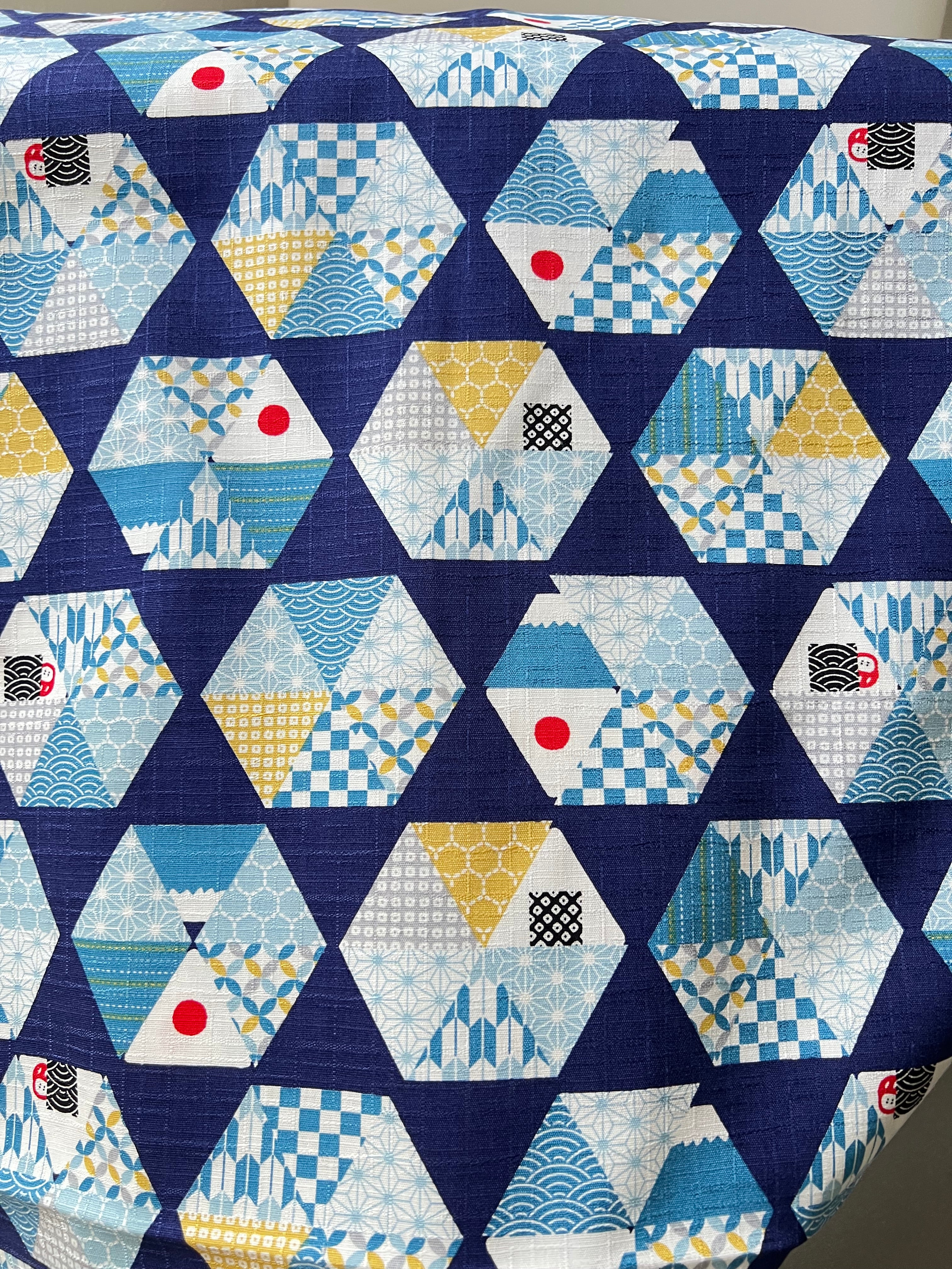 Blue, Yellow, White, Red on Navy- “Light Japanese Style”- Cosmo- 51108-2E- 44” Cotton Dobby