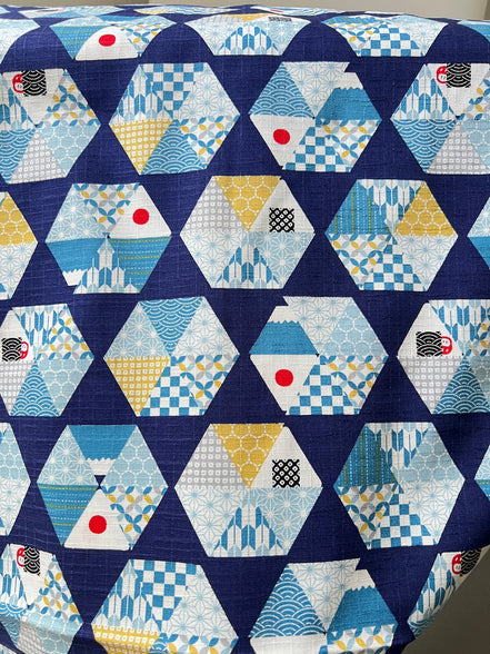 Blue, Yellow, White, Red on Navy- “Light Japanese Style”- Cosmo- 51108-2E- 44” Cotton Dobby