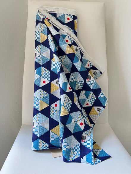 Blue, Yellow, White, Red on Navy- “Light Japanese Style”- Cosmo- 51108-2E- 44” Cotton Dobby