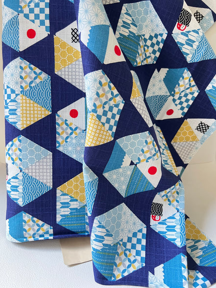Blue, Yellow, White, Red on Navy- “Light Japanese Style”- Cosmo- 51108-2E- 44” Cotton Dobby