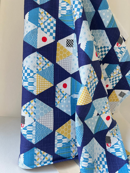 Blue, Yellow, White, Red on Navy- “Light Japanese Style”- Cosmo- 51108-2E- 44” Cotton Dobby