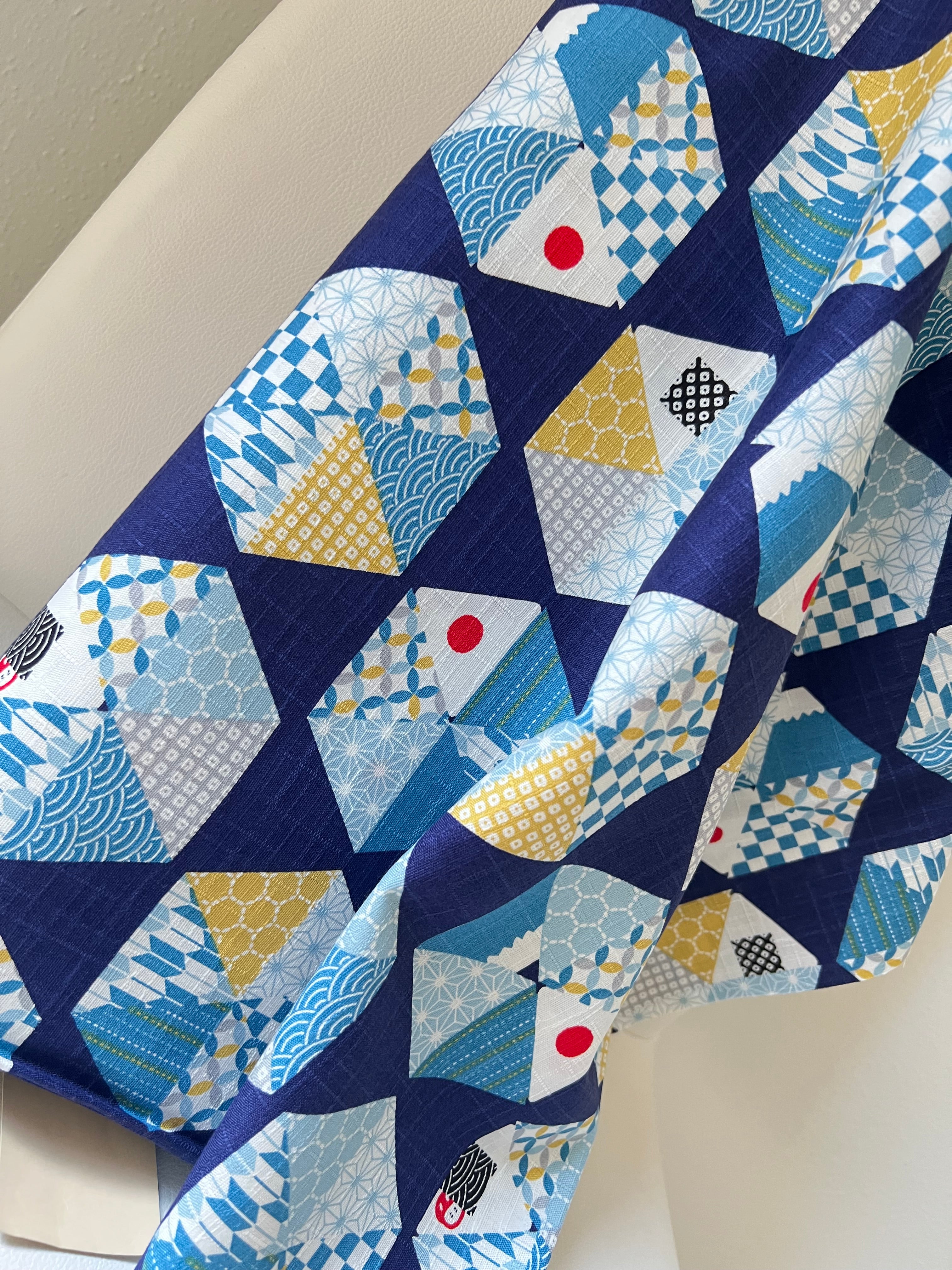 Blue, Yellow, White, Red on Navy- “Light Japanese Style”- Cosmo- 51108-2E- 44” Cotton Dobby