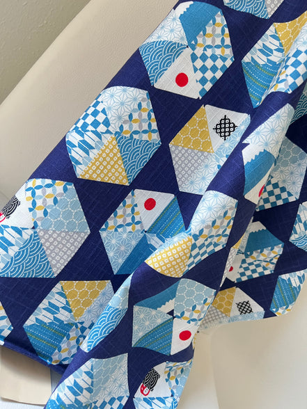 Blue, Yellow, White, Red on Navy- “Light Japanese Style”- Cosmo- 51108-2E- 44” Cotton Dobby