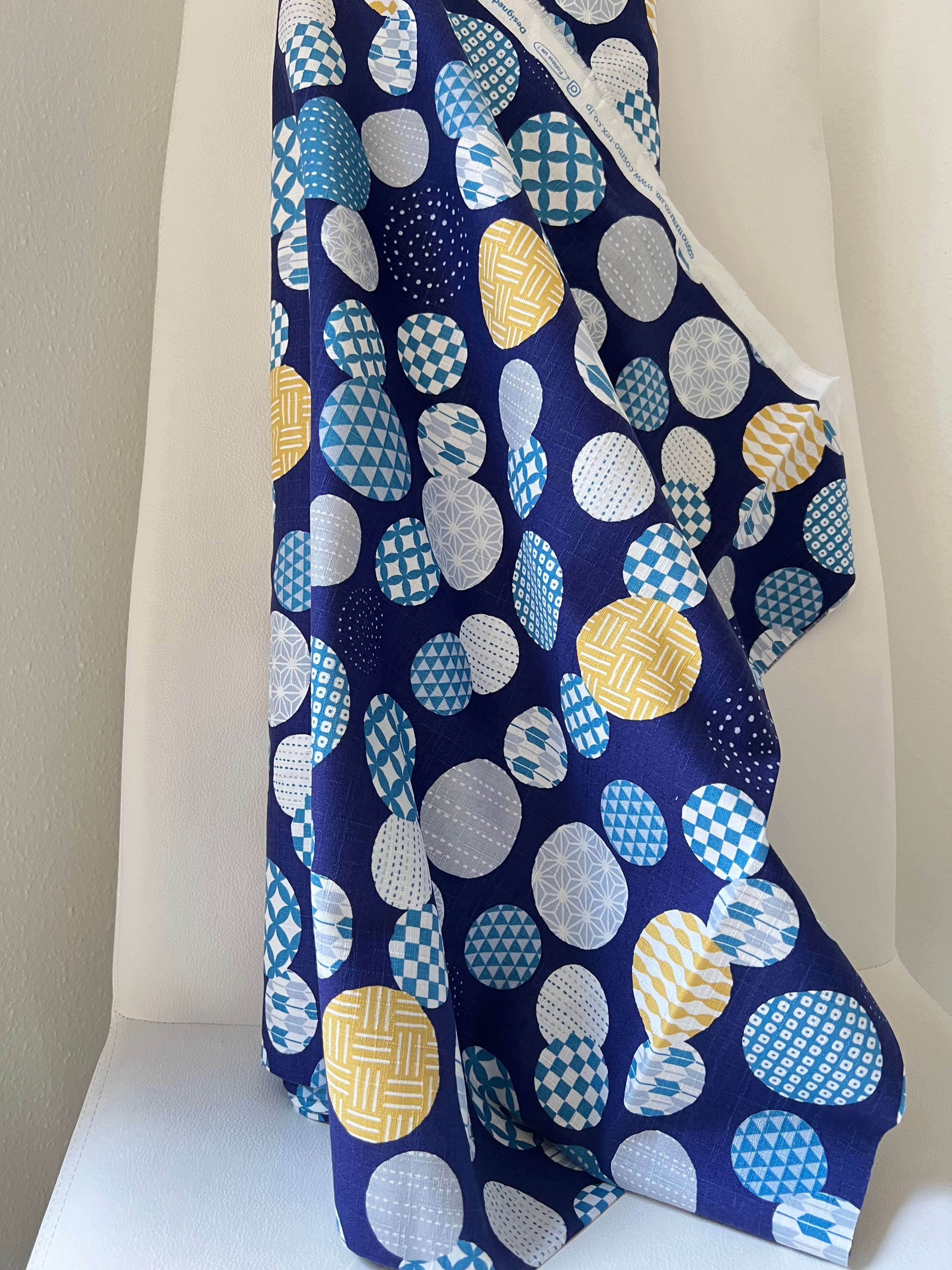 Gray, Yellow, White on Navy- “Light Japanese Style”- Cosmo- 51108-1E- 44” Cotton Dobby