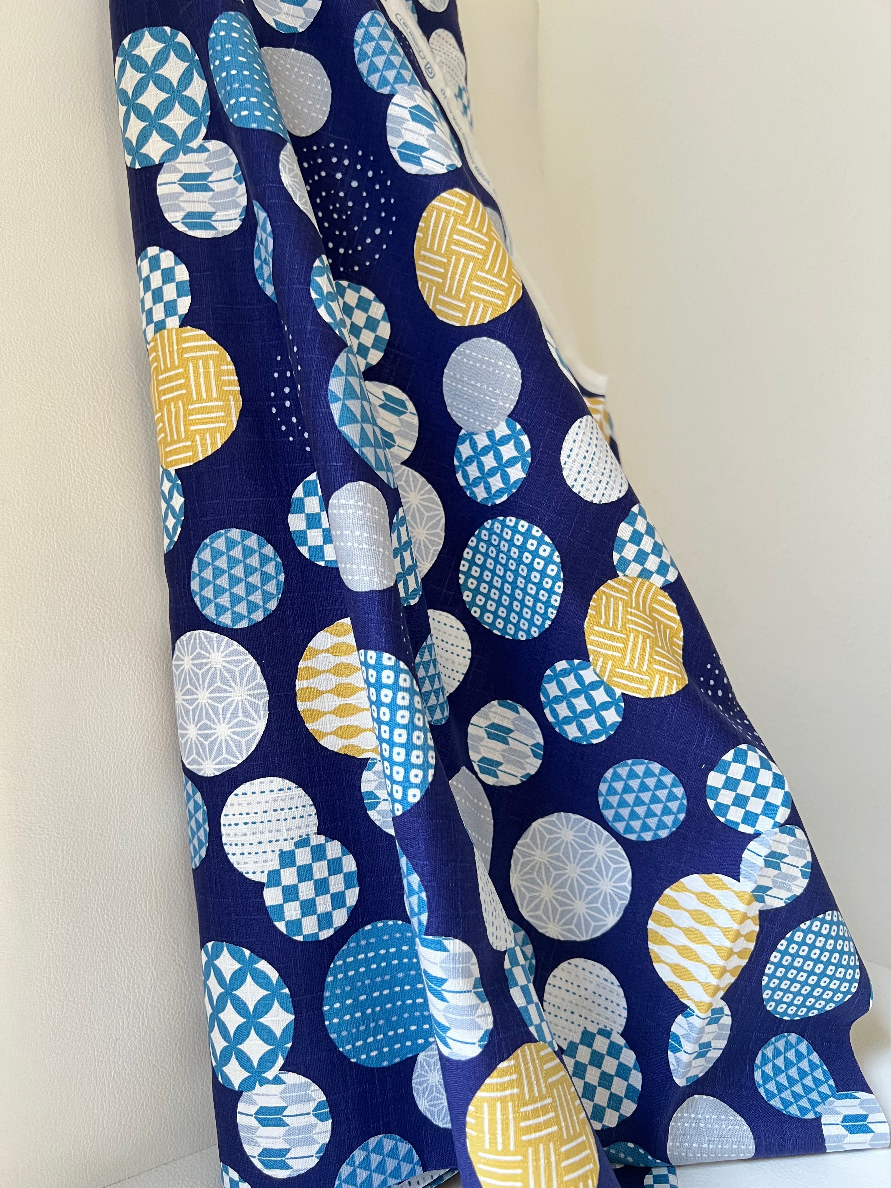 Gray, Yellow, White on Navy- “Light Japanese Style”- Cosmo- 51108-1E- 44” Cotton Dobby