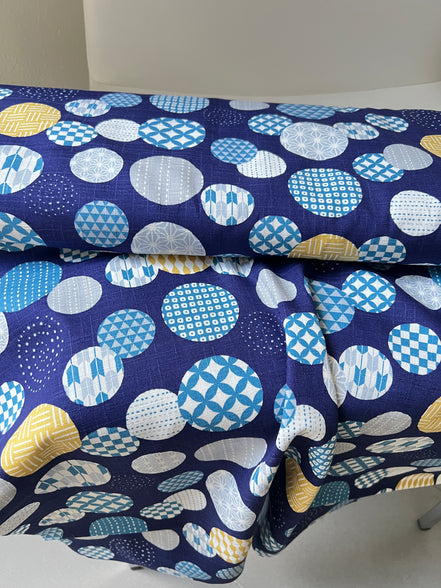 Gray, Yellow, White on Navy- “Light Japanese Style”- Cosmo- 51108-1E- 44” Cotton Dobby
