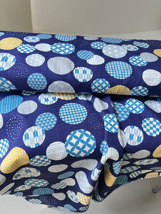 Gray, Yellow, White on Navy- “Light Japanese Style”- Cosmo- 51108-1E- 44” Cotton Dobby
