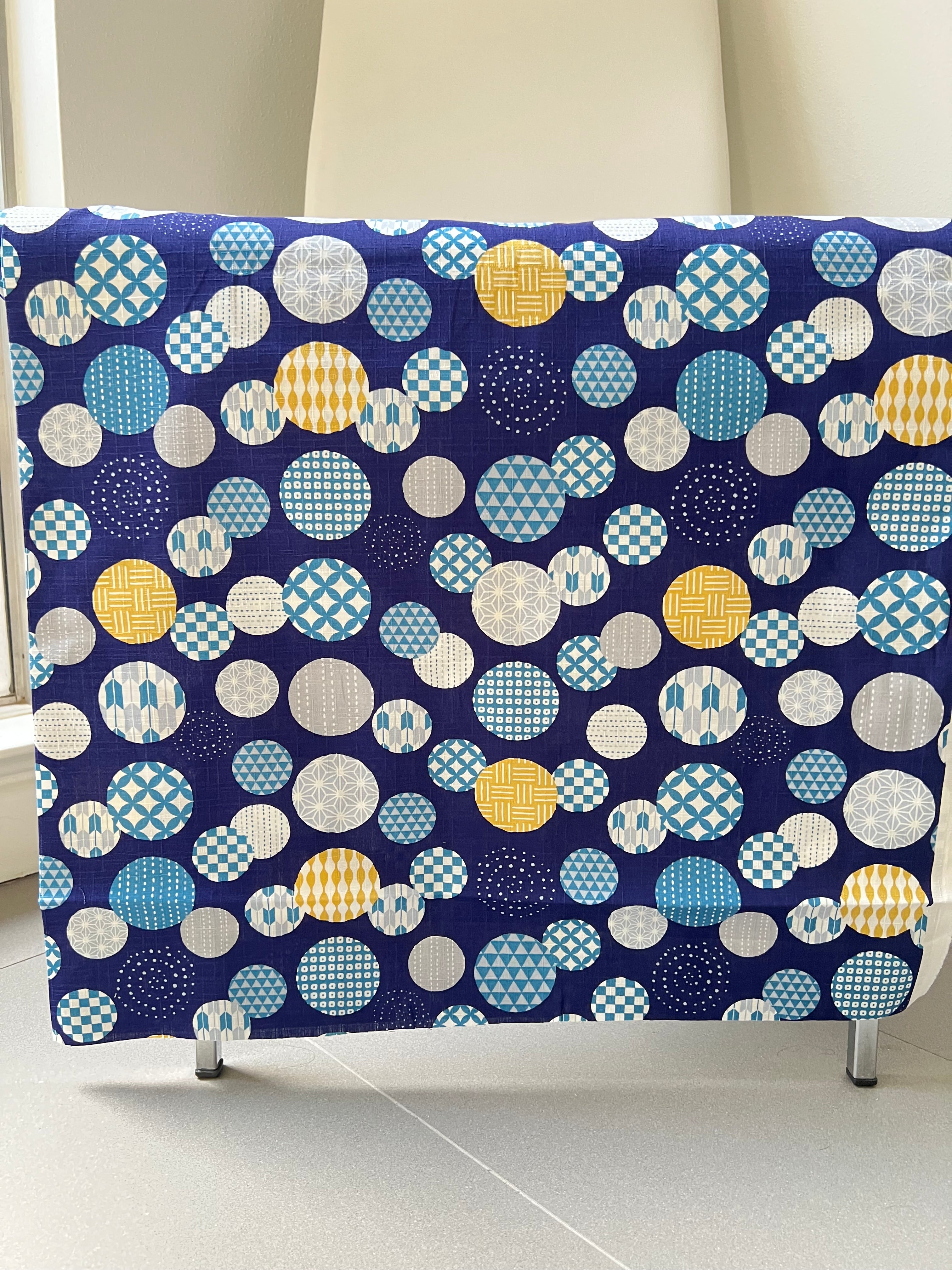 Gray, Yellow, White on Navy- “Light Japanese Style”- Cosmo- 51108-1E- 44” Cotton Dobby