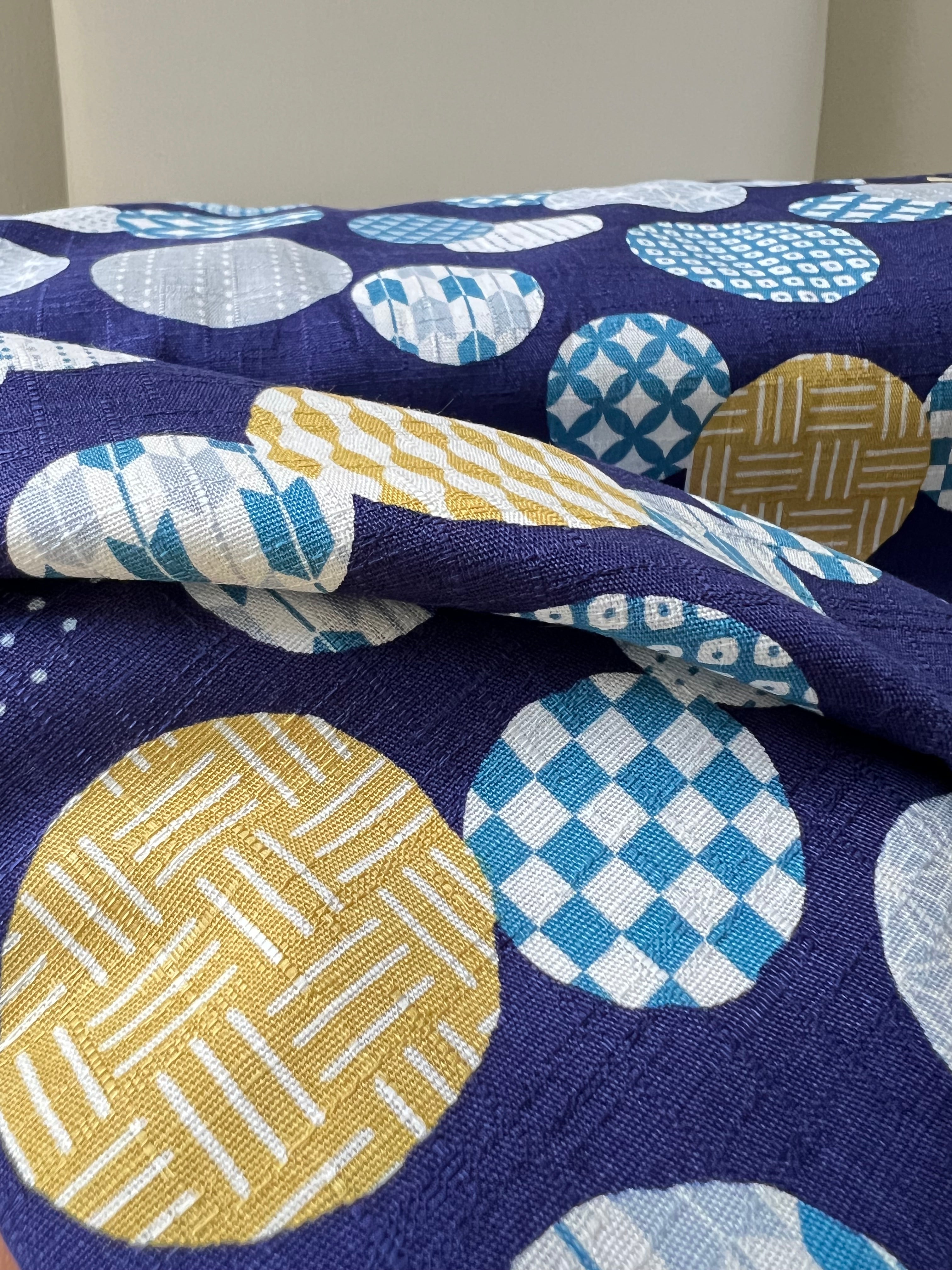 Gray, Yellow, White on Navy- “Light Japanese Style”- Cosmo- 51108-1E- 44” Cotton Dobby