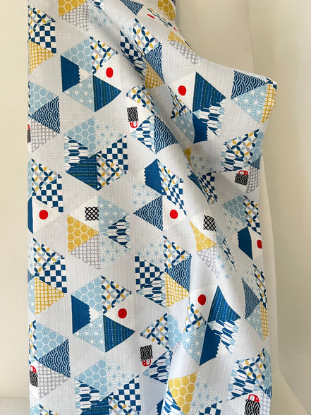 Blue, Yellow, White, Red on Pale Gray- “Light Japanese Style”- Cosmo- 51108-2C- 44” Cotton Dobby