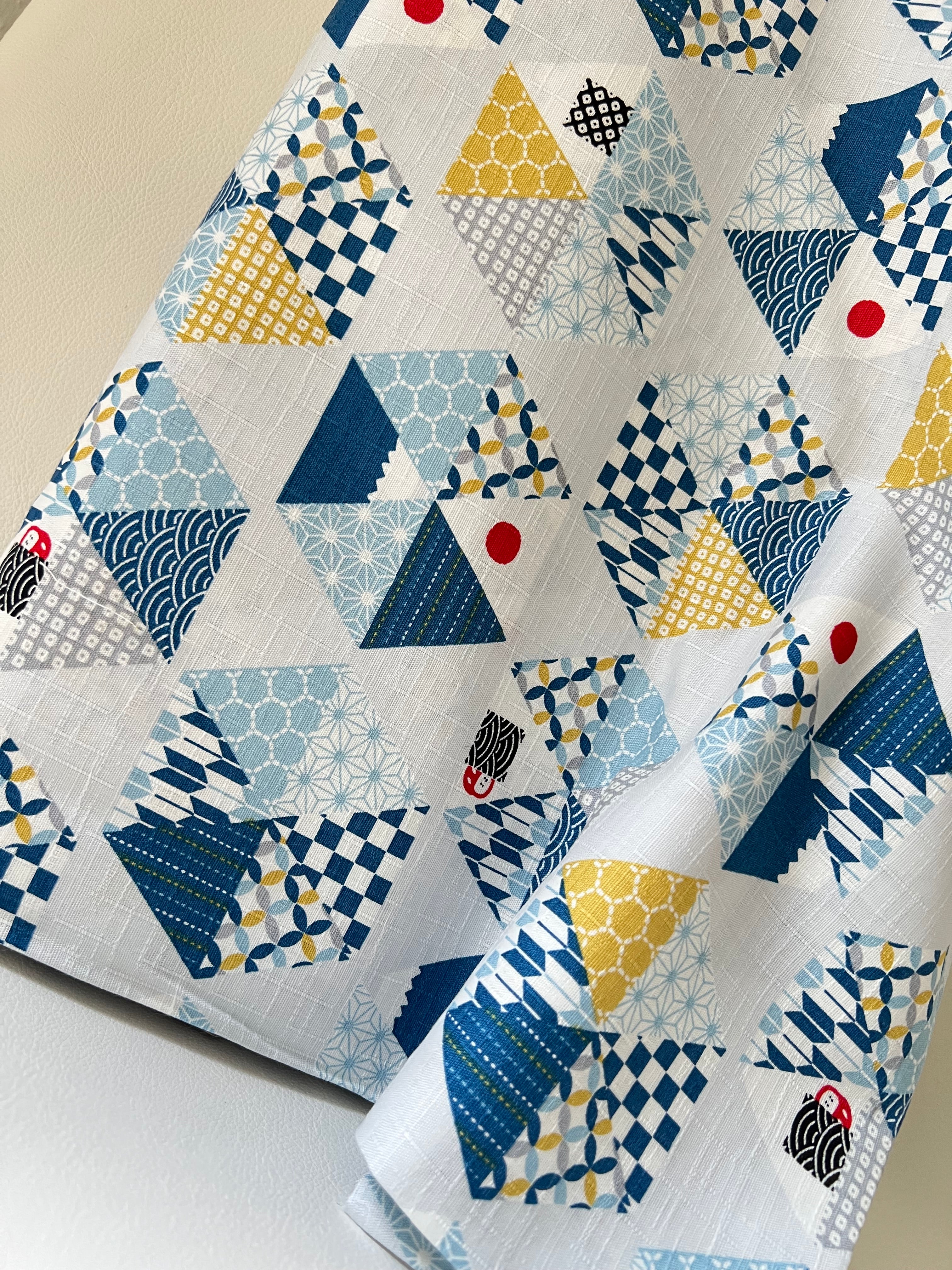 Blue, Yellow, White, Red on Pale Gray- “Light Japanese Style”- Cosmo- 51108-2C- 44” Cotton Dobby
