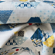 Blue, Yellow, White, Red on Pale Gray- “Light Japanese Style”- Cosmo- 51108-2C- 44” Cotton Dobby