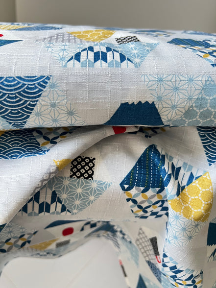 Blue, Yellow, White, Red on Pale Gray- “Light Japanese Style”- Cosmo- 51108-2C- 44” Cotton Dobby