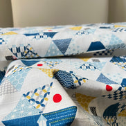 Blue, Yellow, White, Red on Pale Gray- “Light Japanese Style”- Cosmo- 51108-2C- 44” Cotton Dobby