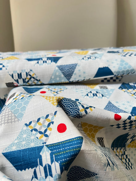 Blue, Yellow, White, Red on Pale Gray- “Light Japanese Style”- Cosmo- 51108-2C- 44” Cotton Dobby