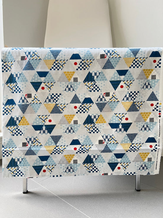 Blue, Yellow, White, Red on Pale Gray- “Light Japanese Style”- Cosmo- 51108-2C- 44” Cotton Dobby