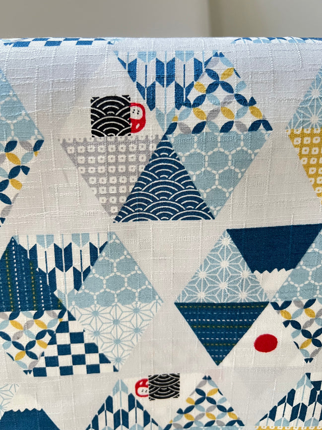 Blue, Yellow, White, Red on Pale Gray- “Light Japanese Style”- Cosmo- 51108-2C- 44” Cotton Dobby