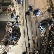 Light Gold Embroidery, Blue, Gold & Black Sequins on Black Tulle- 49