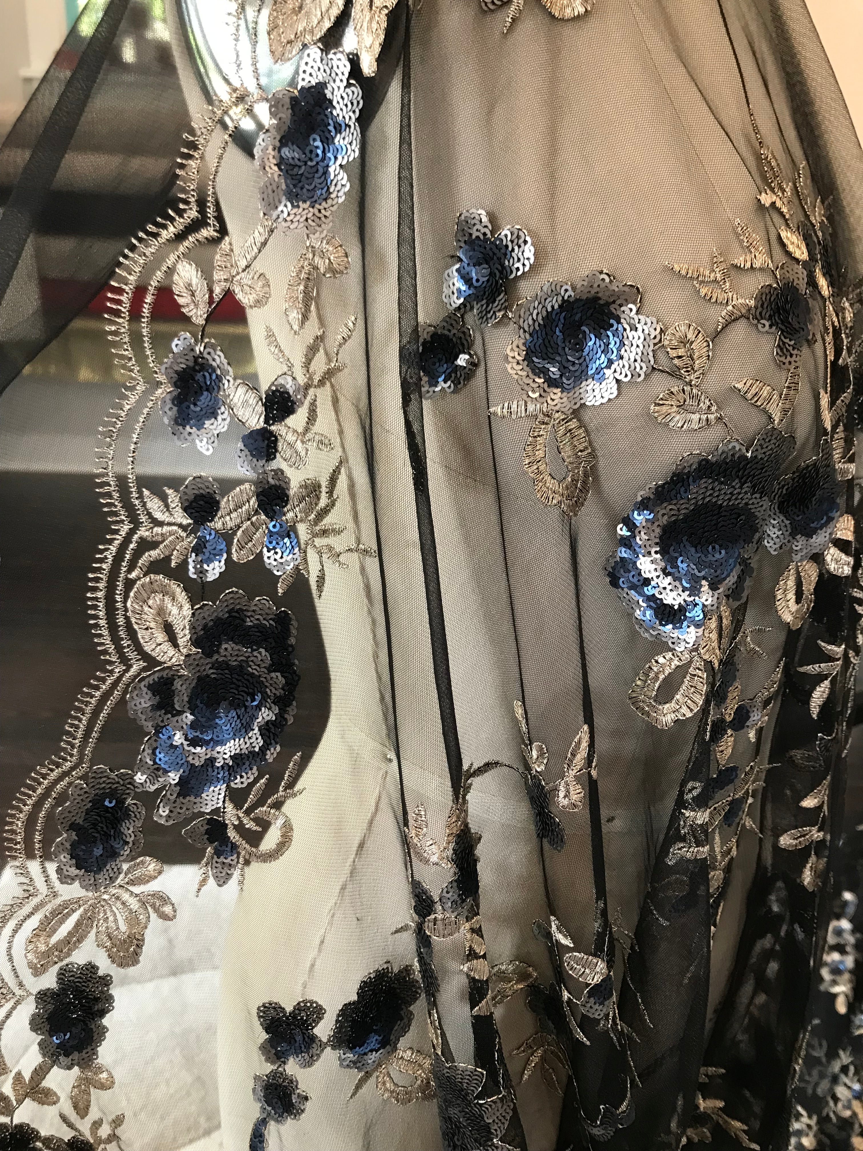 Light Gold Embroidery, Blue, Gold & Black Sequins on Black Tulle- 49